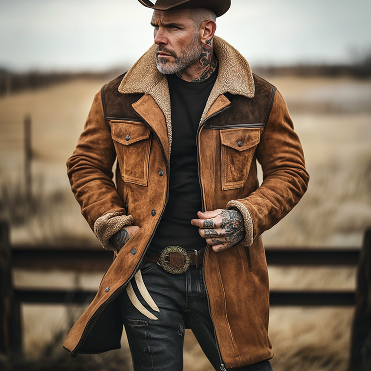 Manteau en Cuir Suédé Homme à Col Réversible