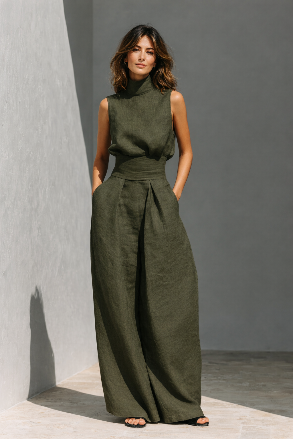 Marie - Ensemble débardeur et pantalon large en coton et lin minimaliste pour femme