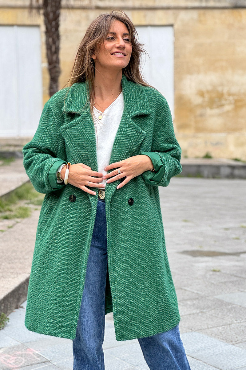 Manteau vert long et doux en maille chenille