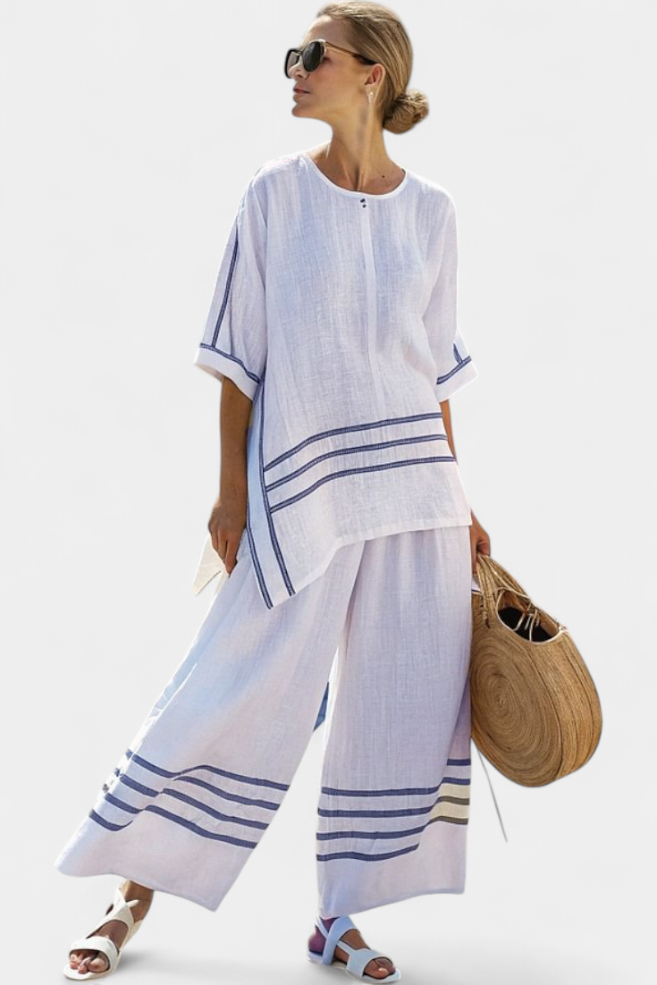 Vittorina – haut asymétrique à rayures sophistiqué et pantalons audacieux
