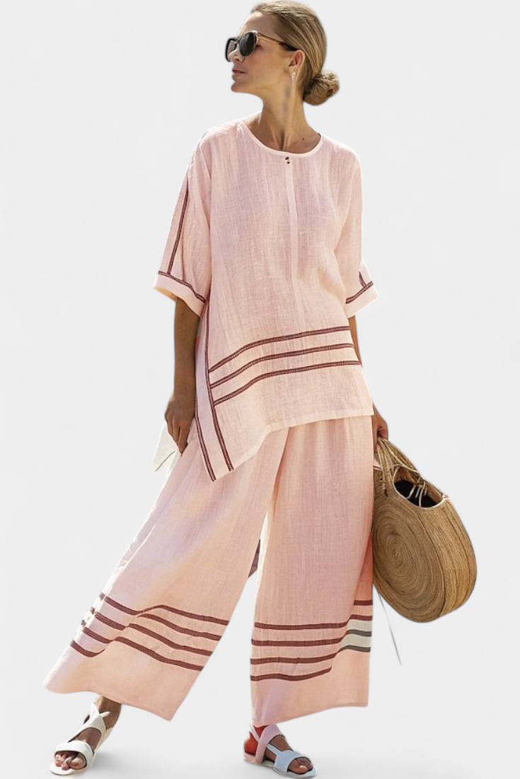 Vittorina – haut asymétrique à rayures sophistiqué et pantalons audacieux