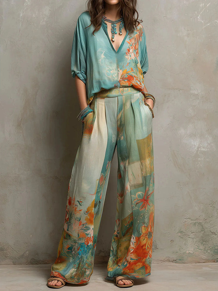 Clara | Ensemble élégant à imprimé floral avec pantalon ample