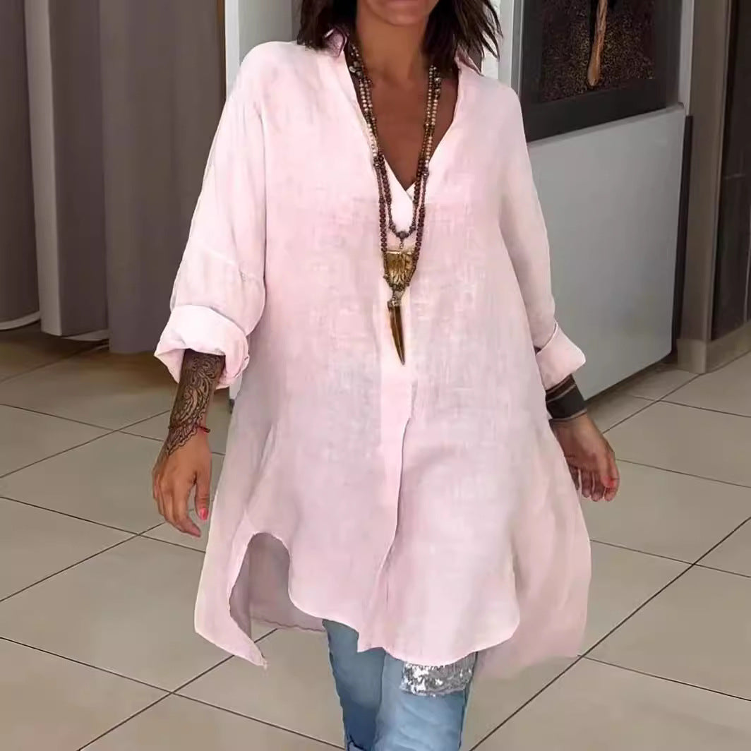 Melis - Chemise d'été en Coton et Lin avec Décolleté en V