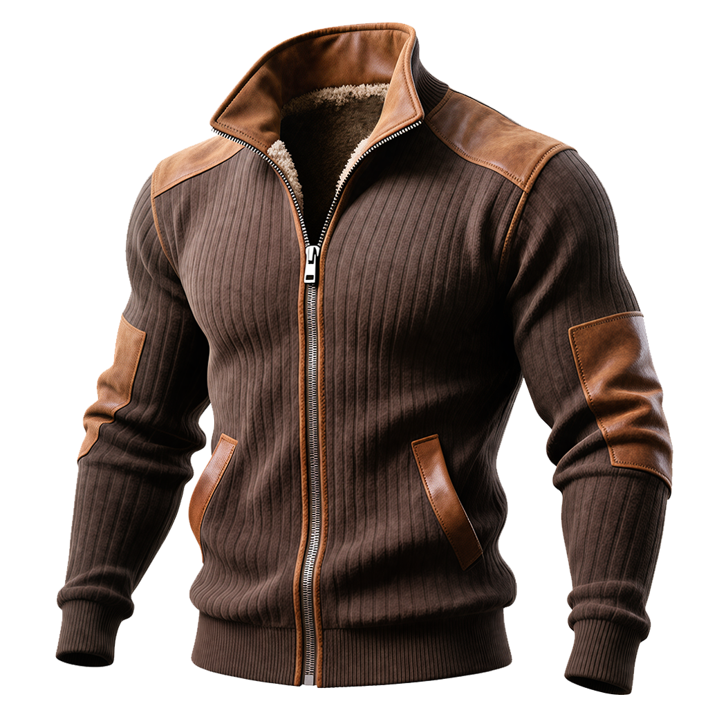 Veste Marron Côtelé avec Zip et Accents en Cuir
