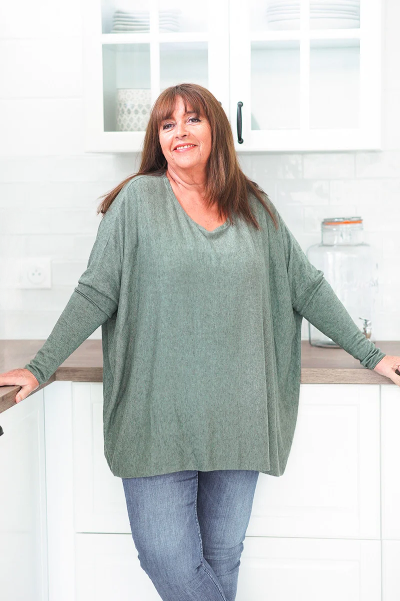 Pull large kaki manches chauve souris