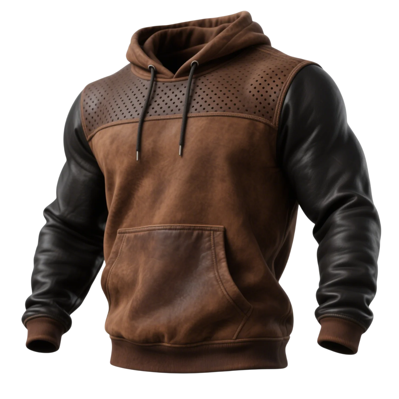 Pull à Capuche en Cuir Marron avec Détails Perforés
