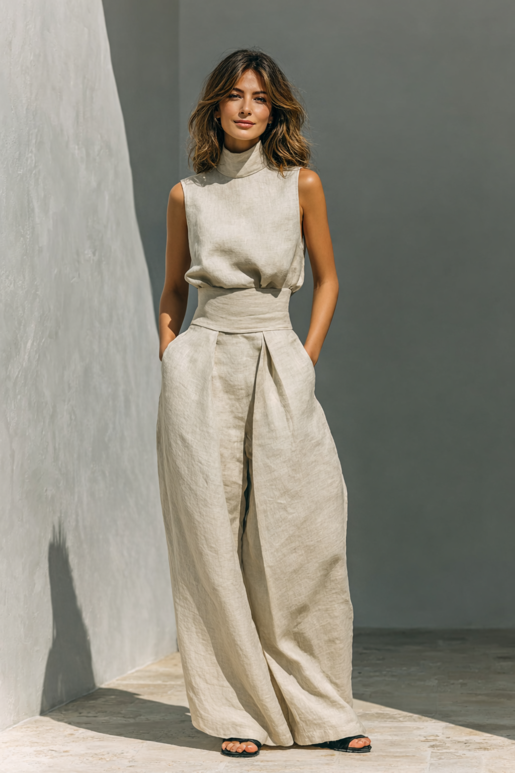 Marie - Ensemble débardeur et pantalon large en coton et lin minimaliste pour femme