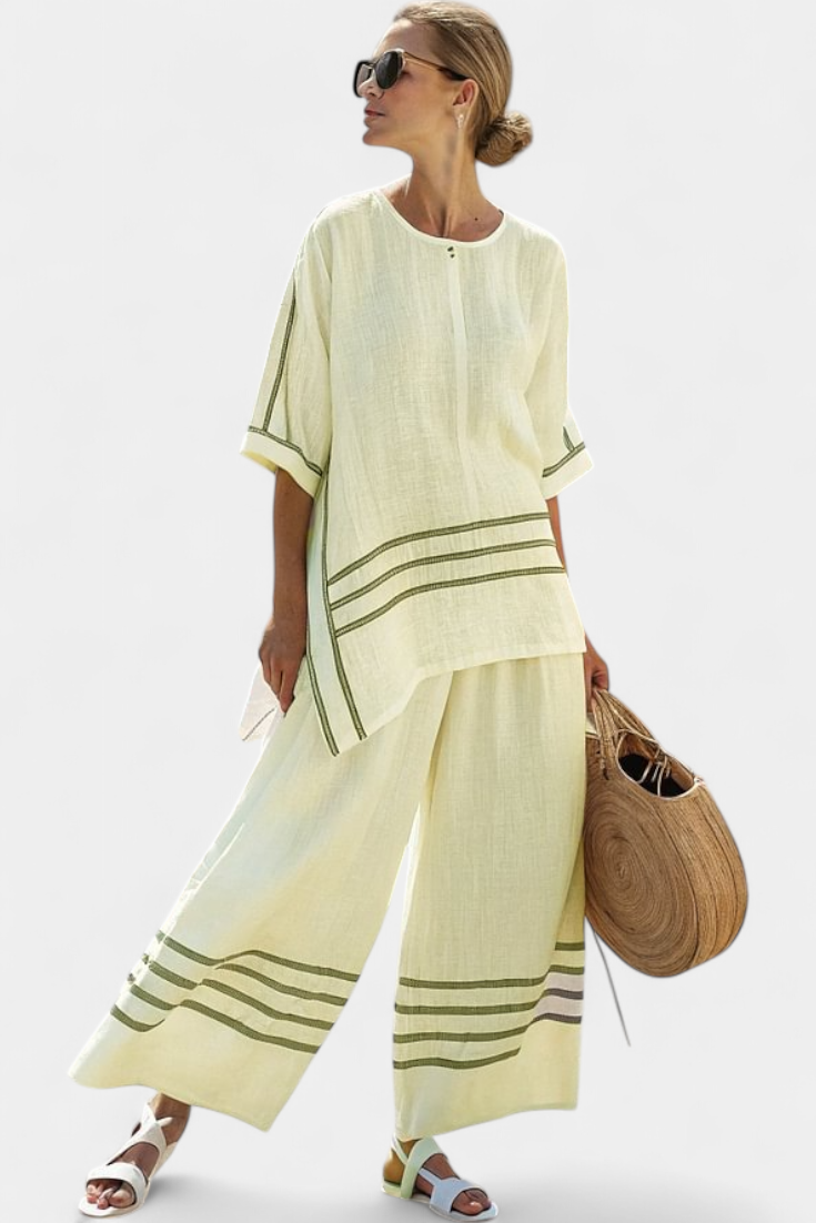 Vittorina – haut asymétrique à rayures sophistiqué et pantalons audacieux