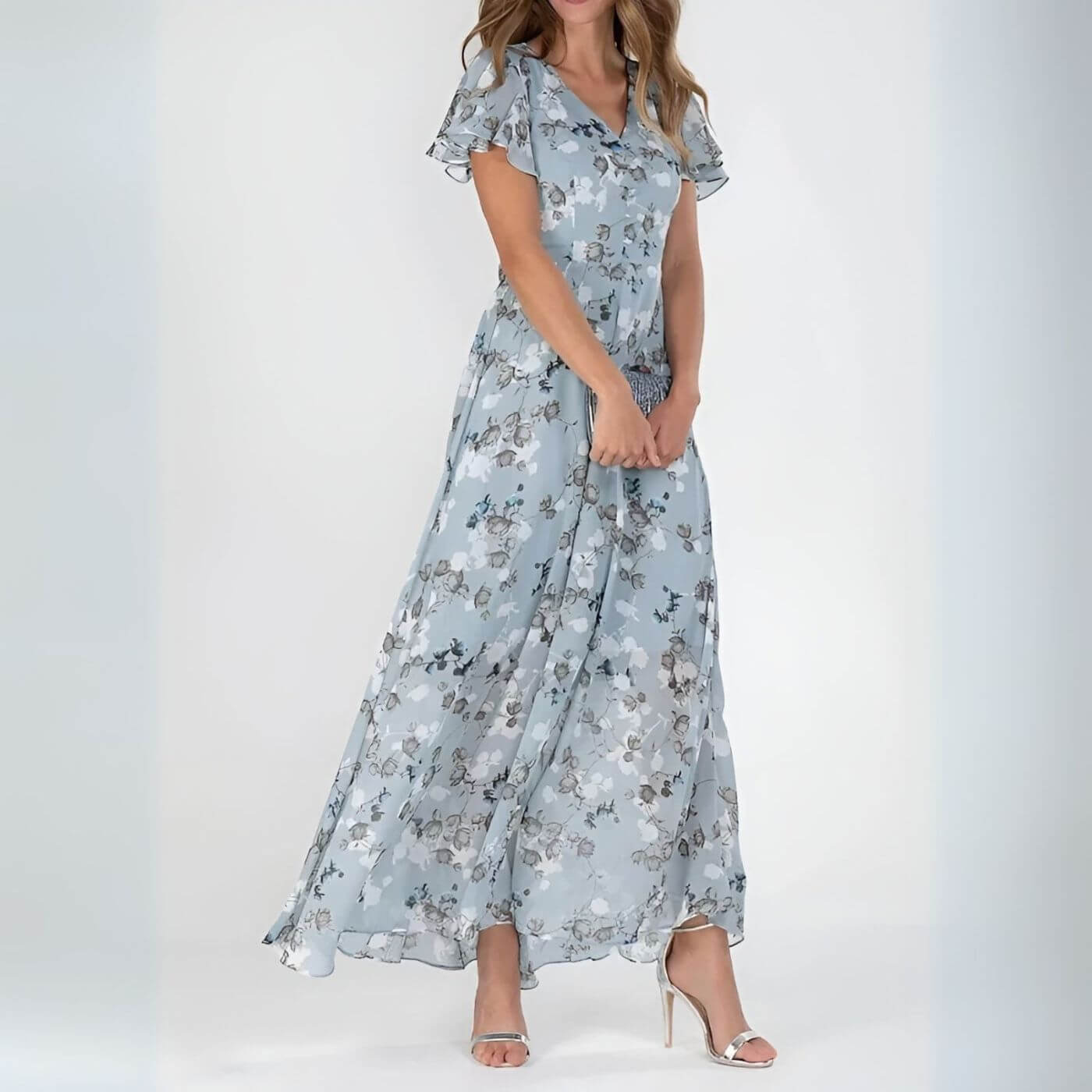 Régine™ – Robe longue d’été fleurie à col V