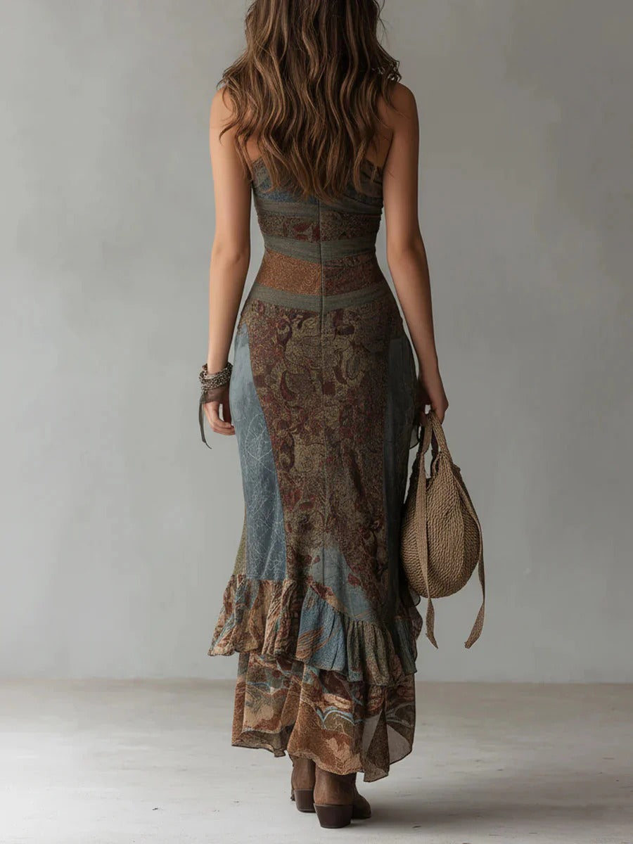 Marie | Robe longue asymétrique à imprimé ethnique avec fente latérale
